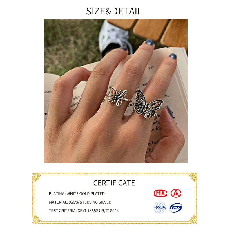 925 Sterling Silver Butterfly Rings for Women New Fashion Vintage Punk Fine Jewelry Birthday Party Accessories Gifts