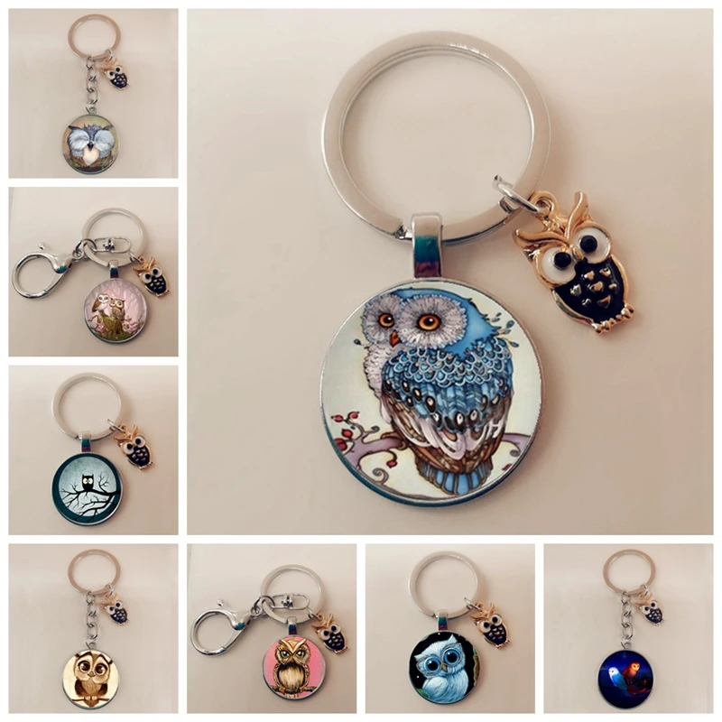 Cute charm enamel owl keychain convex glass owl keychain, ladies and men accessories