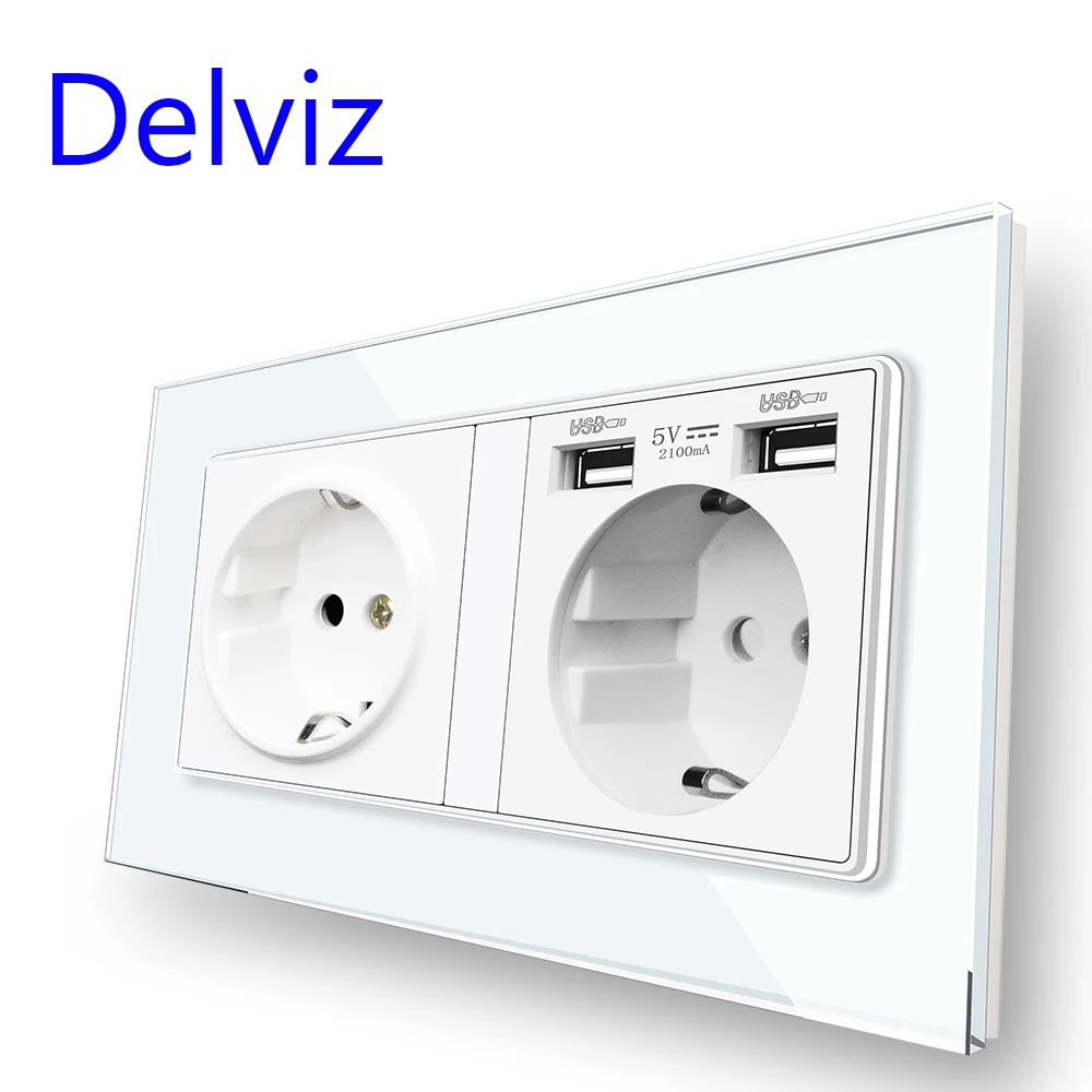 

Delviz Tempered Glass Socket, EU Standard Socket,146mm x 86mm Crystal Panel,2A Dual USB charging Port, 16A Power Wall USB Socket