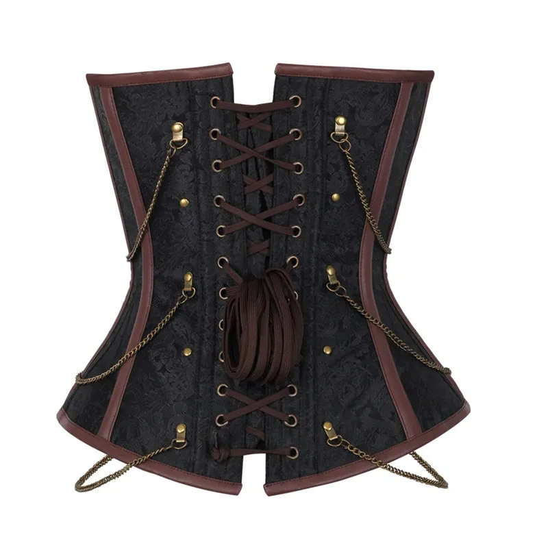 Vintage Phong Cách Kiến Trúc Gothic Nữ Phối Ren Nâu 12 Thép Boned Dobby Corselets Eo Gợi Cảm Ôm Áo Ngực Eo Cincher Dây Chéo