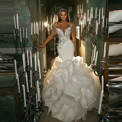 Luxury Ivory Mermaid Wedding Dress With Long Train Sexy Deep V-neck Silver Sequin Bridal Dress Lush Ruffles Tulle Wedding Gowns