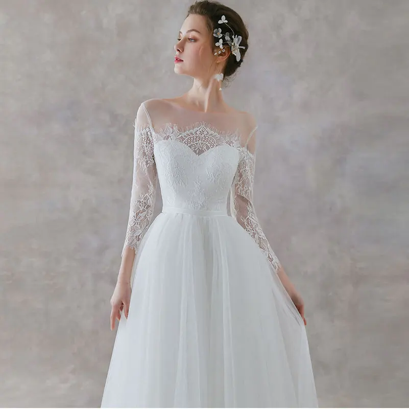 Abito da sposa 2021 abiti da sposa Robe De Mariée pizzo maniche a tre quarti o-collo lunghezza del pavimento abito formale