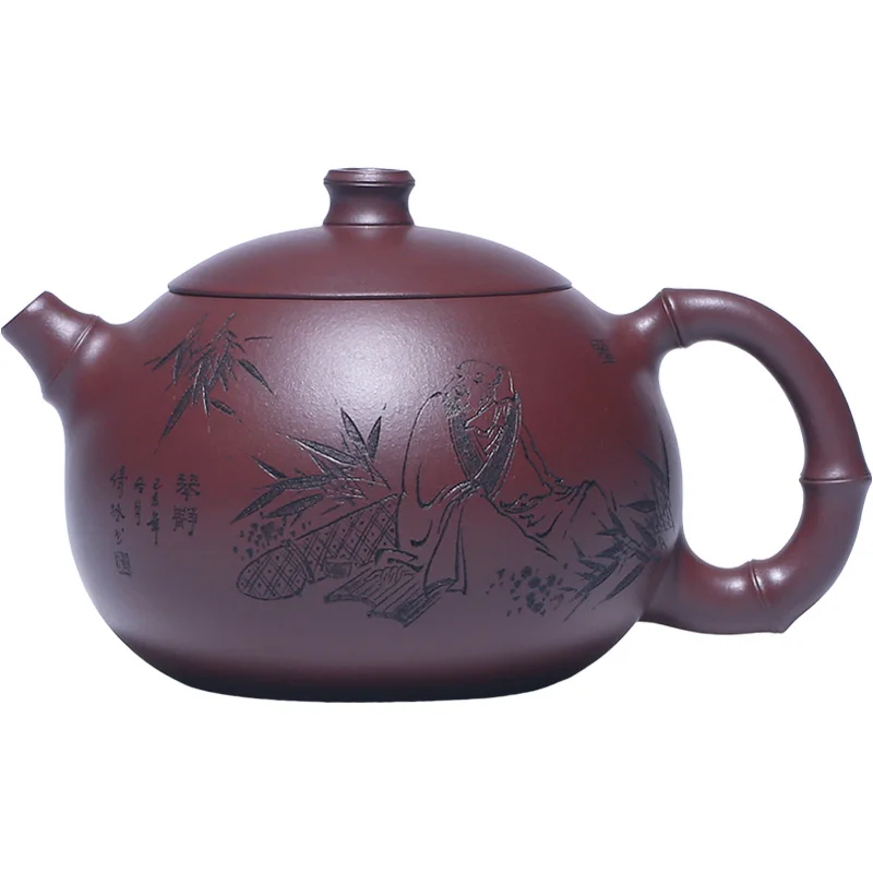 ★Purple clay pot yixingguo assistant Zhu qianbing full hand carved 440ml large capacity slub Xi Shi