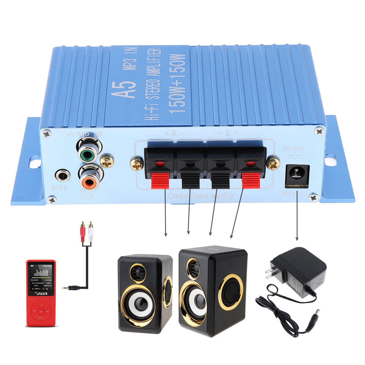 Amplificateur stéréo Hi-Fi à deux canaux A15, 12v dc, 2.0 W + 150W, avec Interface 150 aux, pour voiture/PC/CD/haut-parleurs/caisson de basses