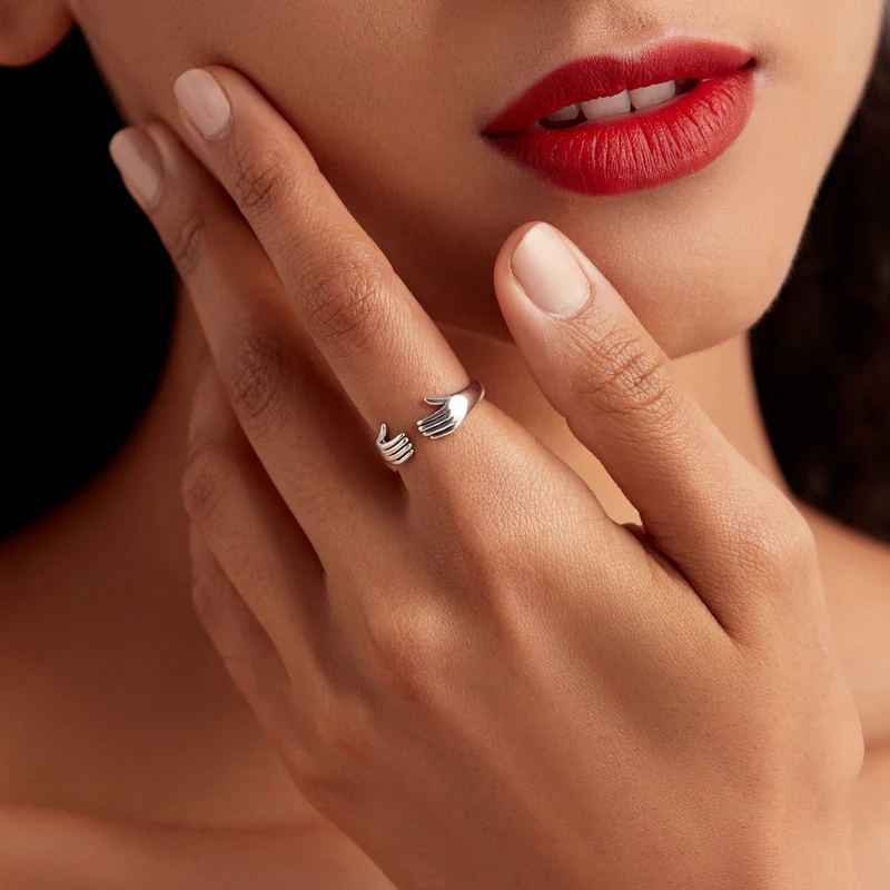 WOSTU 925 Sterling Silver Hug Hands Ring Simple Design Finger Ring For Women Elegant Silver Jewelry CTR176 image 2