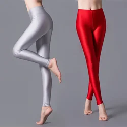 High Spandex Solid Color Women Leggings Gloss Shiny Elastic Leggings Female Slim Seamless Middle Waist Ankle-Length Dance Pants