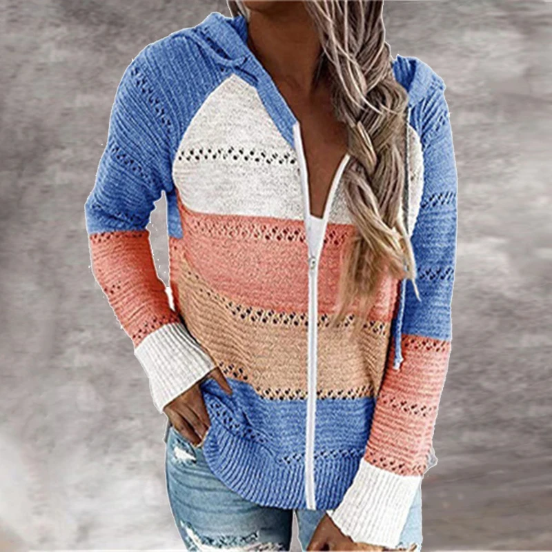 Autumn Women Casual Loose Hooded Zipper Tops Lady V Neck Knit Long Sleeve Sweater Patchwork Elegant Striped Patchwork Cardigans