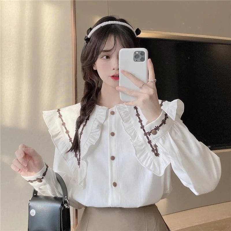 Peter Pan Collar Shirts Women Sweet Design Ruffles High Street Princess Korean Style White Button-up Long Sleeve Blouses Girls