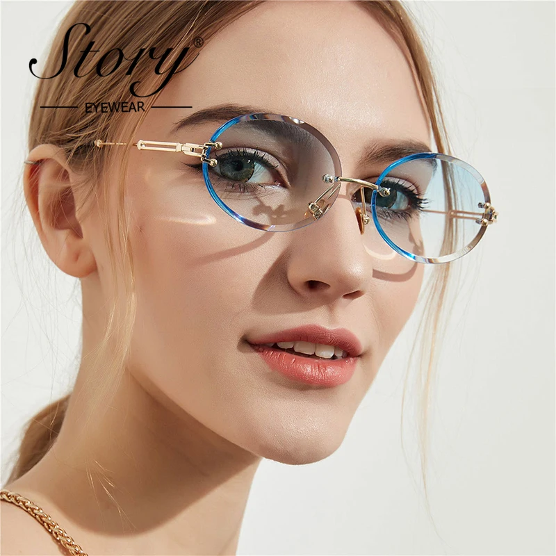 STORY Retro Small Oval Sunglasses Women 2020 Fashion Vintage Blue Metal Temple Rimless Sun Glasses Shades for Female S7150