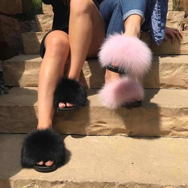 Real Fur Slippers Women Furry Slides Fluffy Luxury Fox Sandals Flat Casual Pink Fur Slide Summer Outdoor Wholesale 2021Promotion