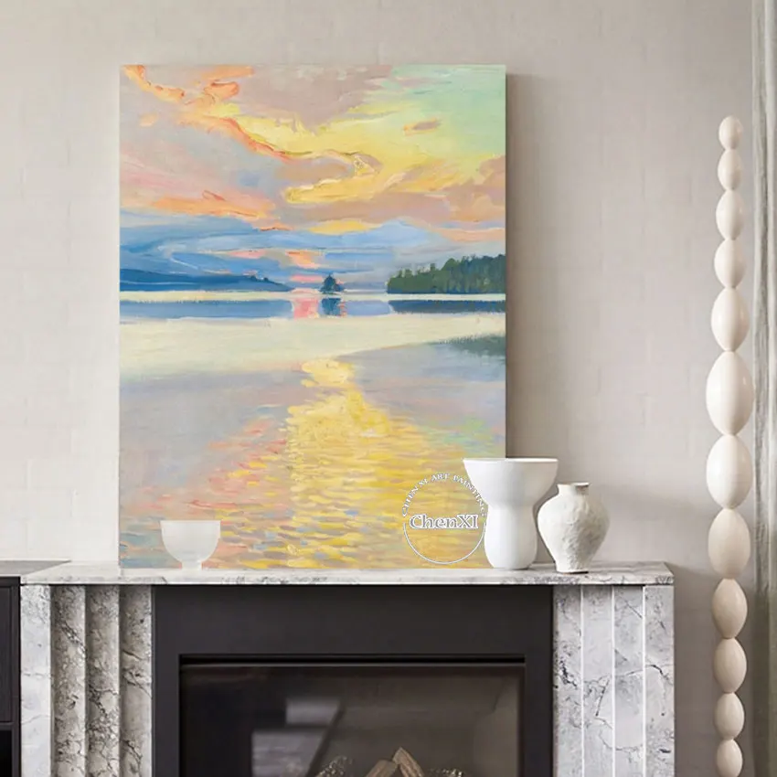 100% Handmade Shore View Reflection, In The Clear Water Of The Lakes Oil Painting On Canvas, Large Room Decoration Unframed