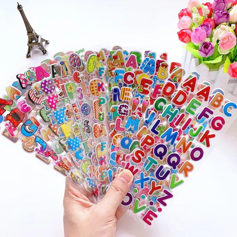 6 Blatt Kinderaufkleber 3D Puffy Bulk Cartoon Englische Alphabet Buchstaben Zahlen Aufkleber Lernspielzeug für Mädchen Jungen GYH – Detail 1