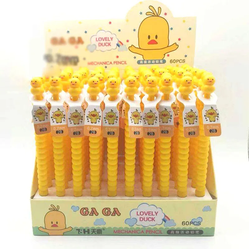 60 pcs/lot Creative Yellow Duck Mechanical Pencil Cute Automatic Pen Stationery gift School Office writing Supplies