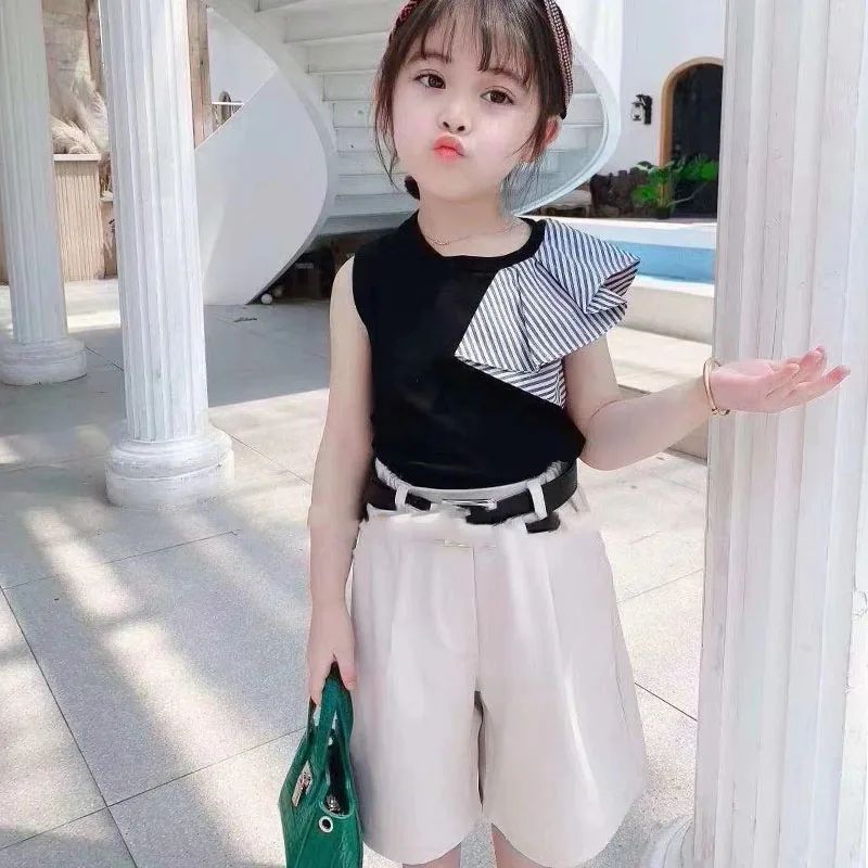 Summer Girls\' Clothing Sets 2021 New Fashion Irregular Stitching Top+Shorts Belt Random Baby Kids Clothes Suit Children Clothing