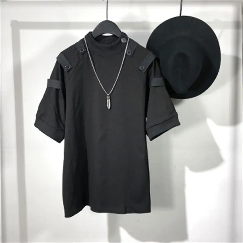 Men's Short Sleeve T Shirt Summer New Personality Button Decoration Work Style Hip Hop Casual Loose Size Half Sleeve