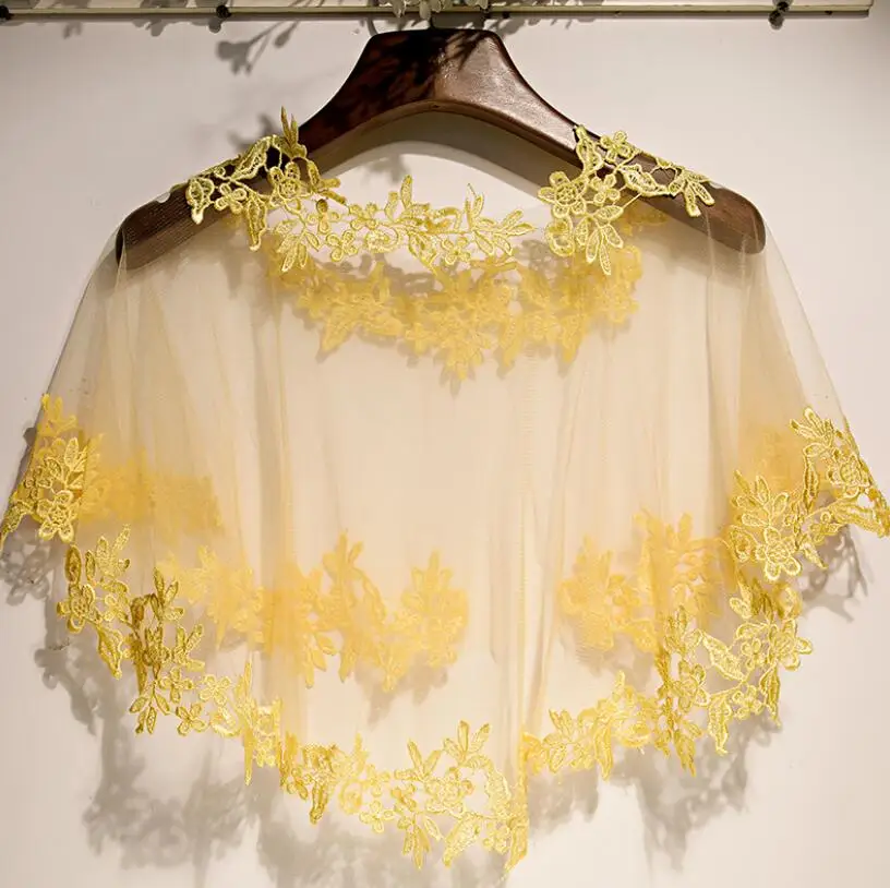 Women's Spring Summer flower embroidery yellow mesh Pashmina Female Summer Sunscreen Mesh Lace Shawl cloak R3483