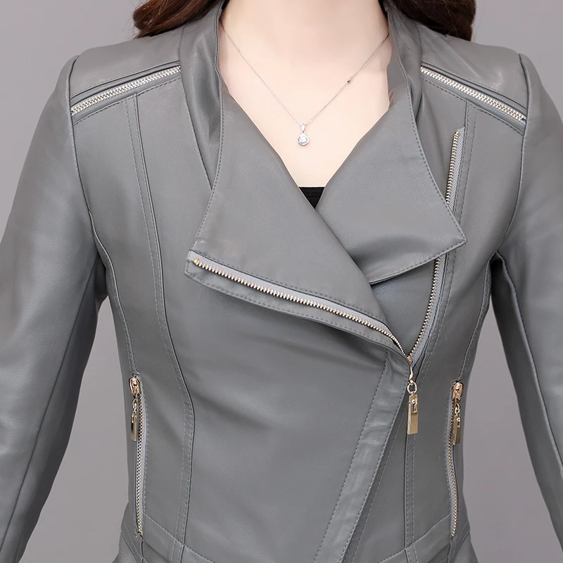 New Autumn Women Pu Leather Jacket Woman Zipper Short Coat Female Black Punk Bomber Faux Leather Outwear spring Blazer tops gray