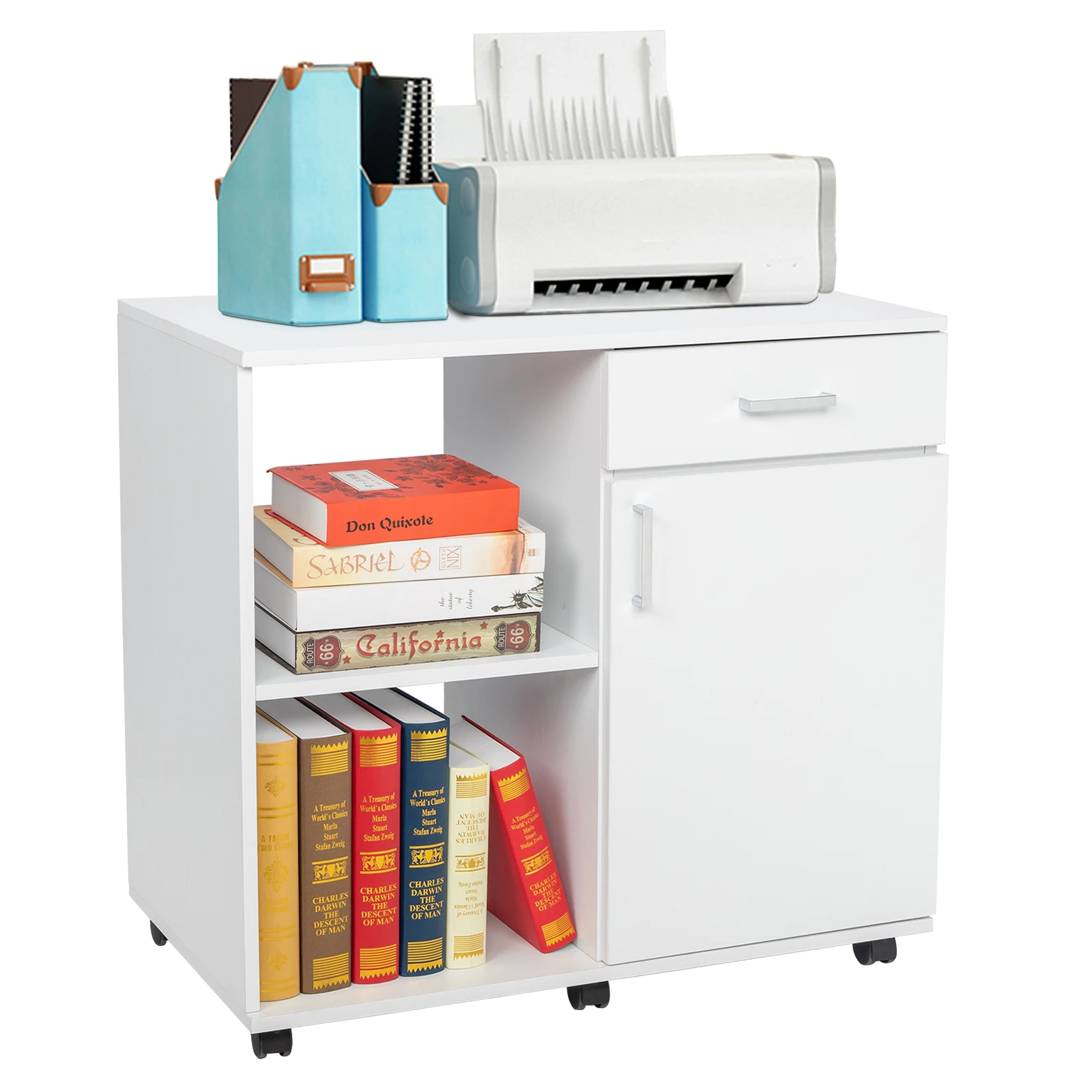 3 Layers Wooden Filing Cabinet 80x40x74CM Left Frame Right Cabinet MDF&PVC White/Black[US-Stock]