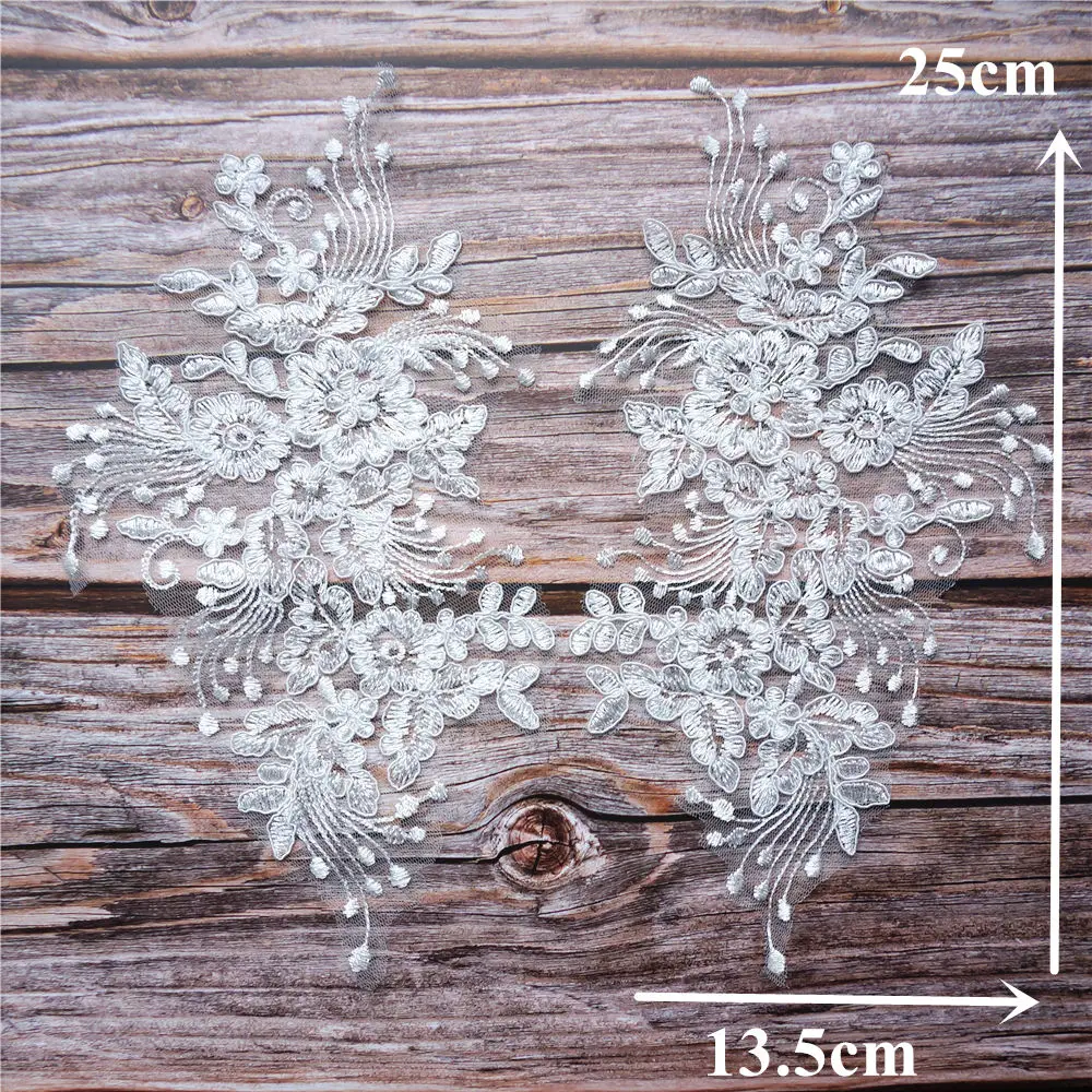 2PCS White Flowers Rose Lace Fabric Tassel Embroidered Wedding Appliques Sew Patch For Evening Dress DIY Decoration