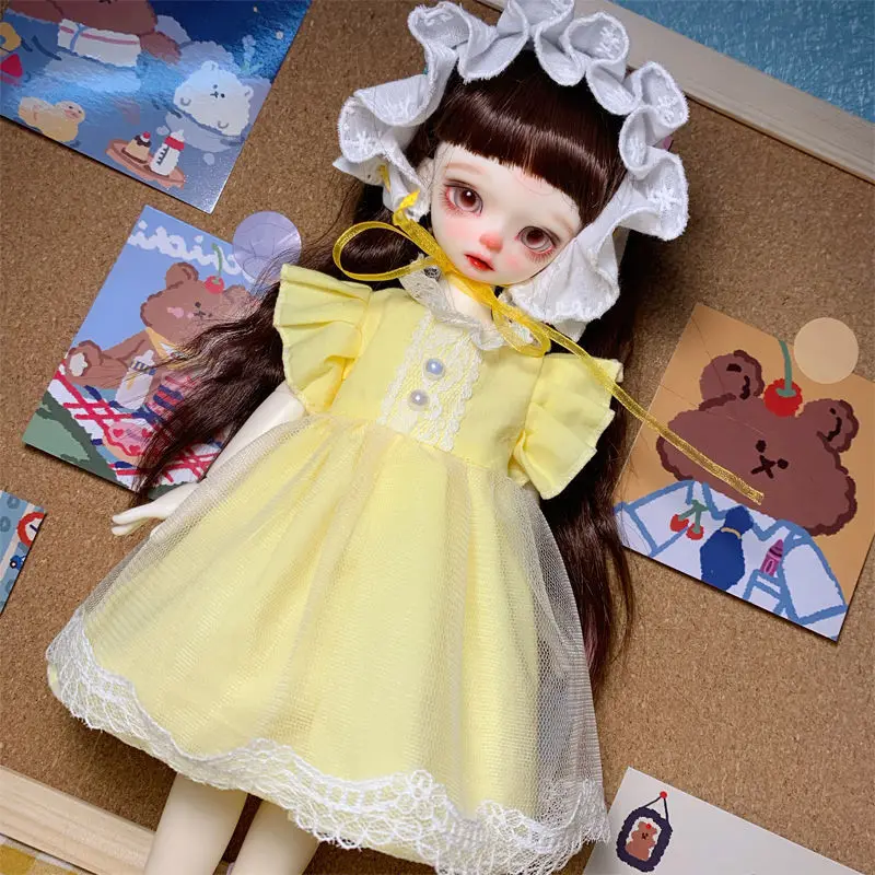 BJD doll clothes are suitable for 1/6 size fashion simple temperament of lace skirt milk yellow flared sleeve skirt + headdress