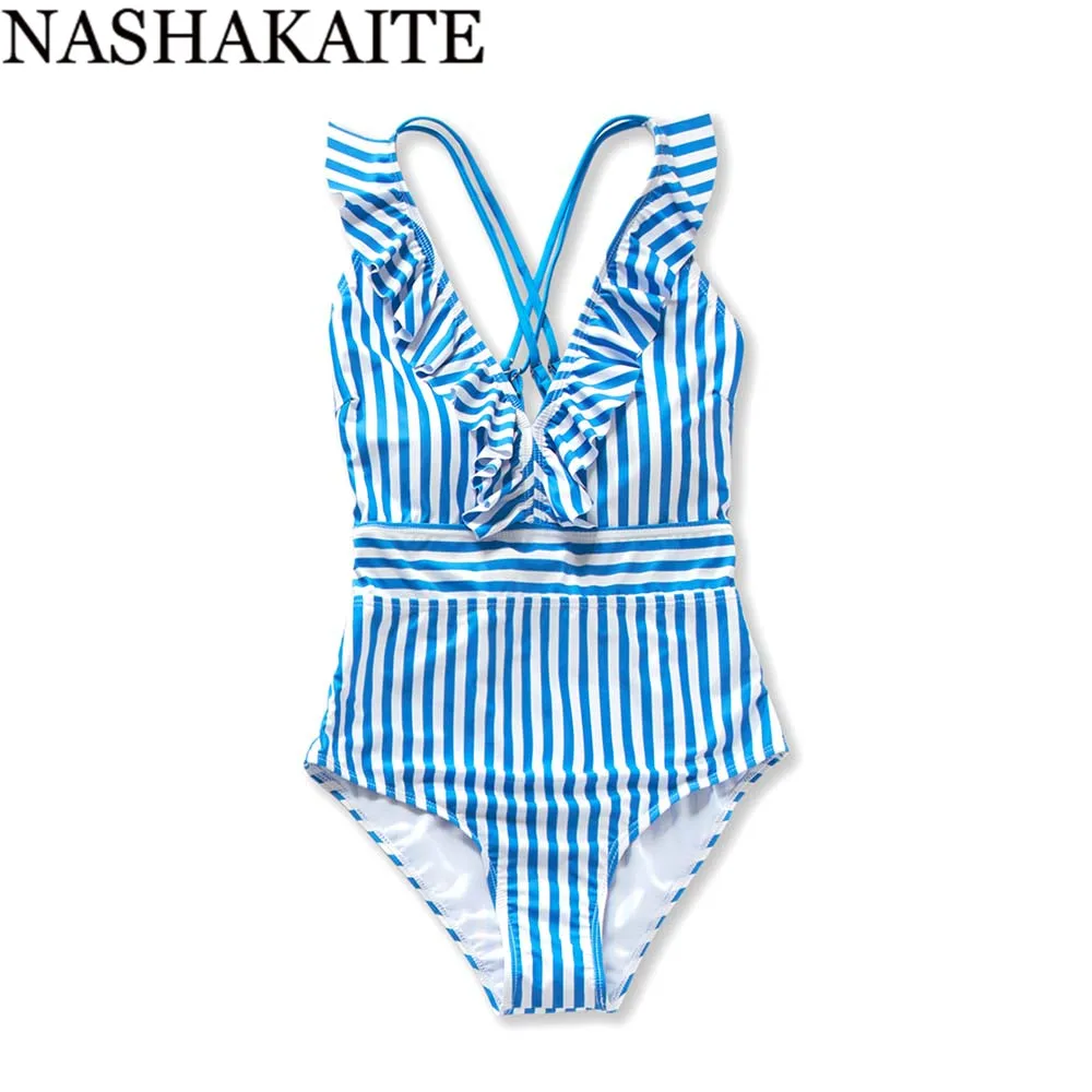 NASHAKAITE Family Kits Blue Striped Deep V-neck Crossed Mommy and me swimsuit Summer Swimwear Family Look Mother and Daughter