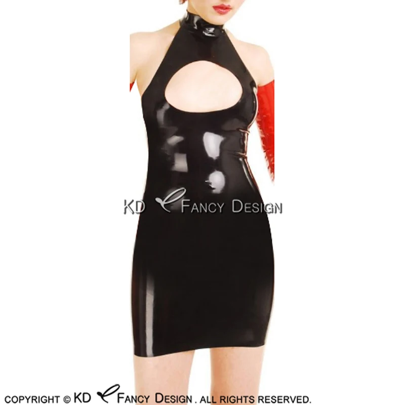 Black Sexy Sleeveless Latex Dress With Buttons At Neck Open Front Rubber Bodycon Playsuit Plus Size LYQ-0101