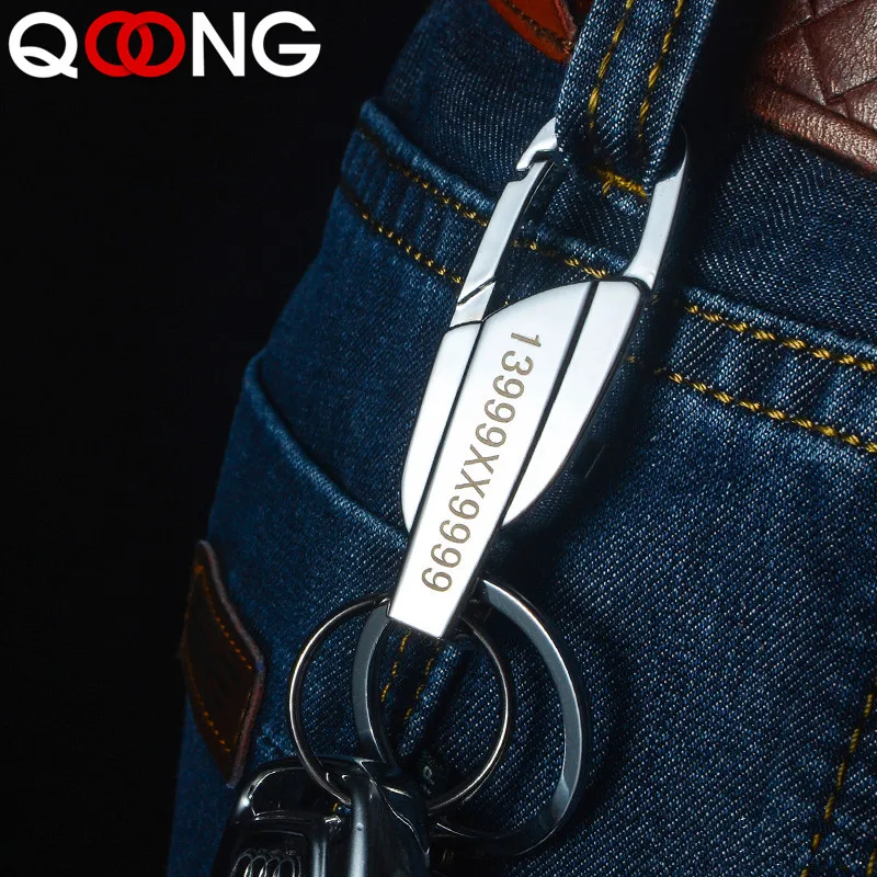 QOONG Custom Lettering Men Metal Car Key Chain Key Ring Waist Hanged Key Holder Fashion Women Keychains with Two Rings Y10