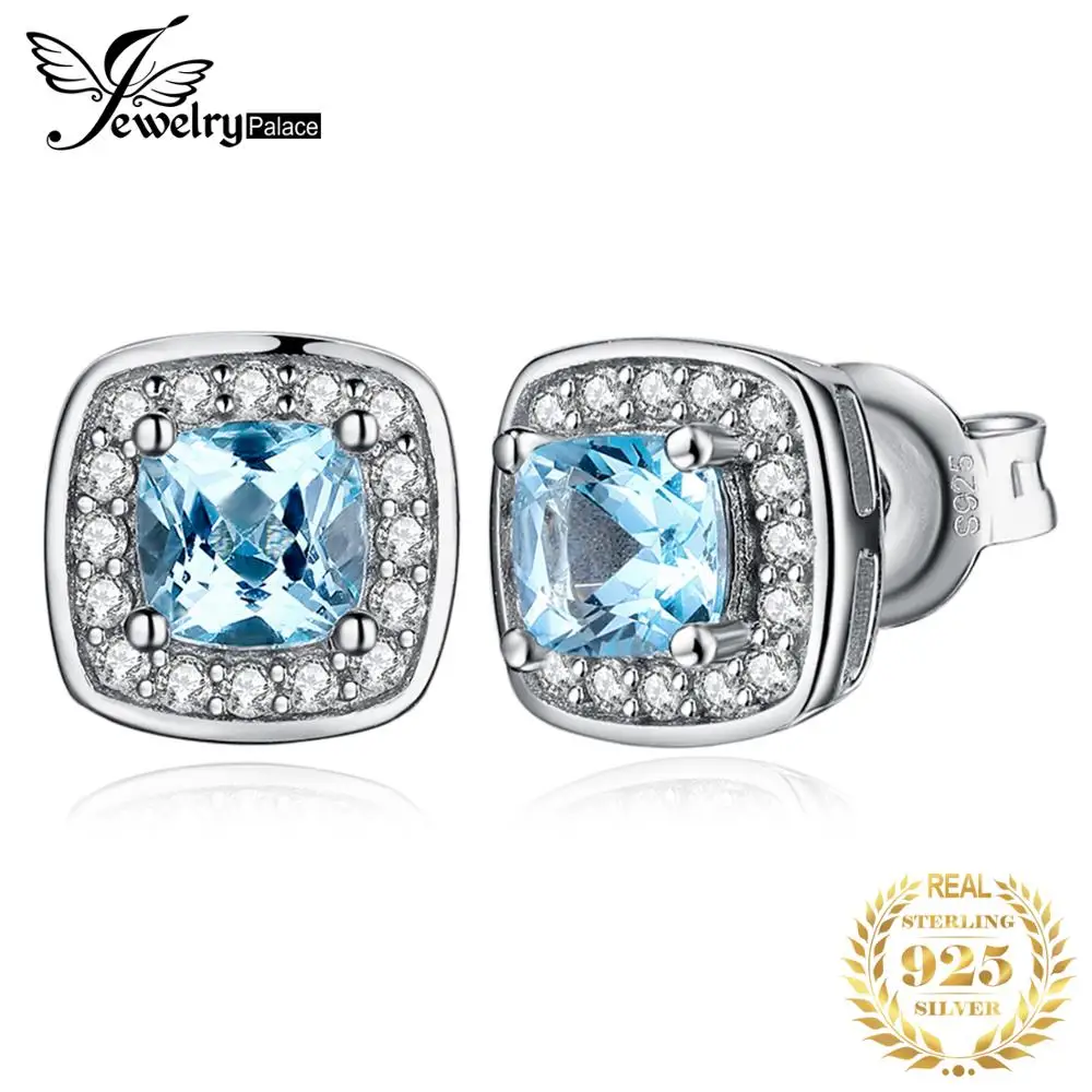 

JewelryPalace Cushion Cut Natural Sky Blue Topaz 925 Sterling Silver Earrings Halo Gemstone Stud Earrings For Women Jewelry