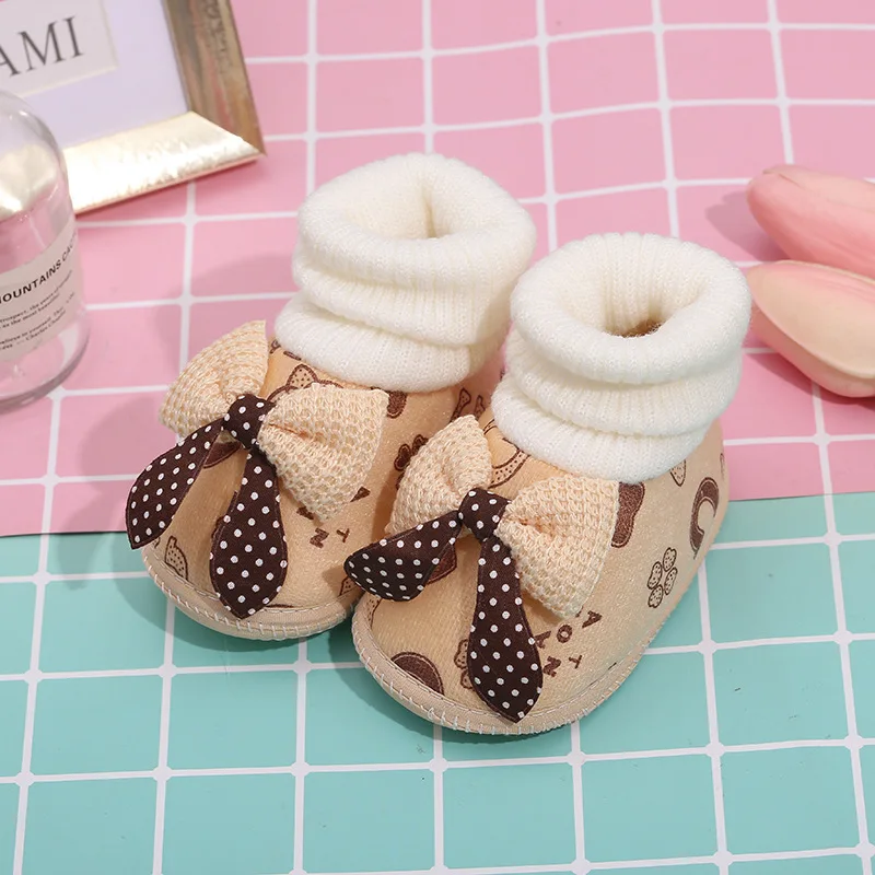 Newborn Toddler Shoes For Baby Girls Boys Winter Warm Baby First Walkers Shoes Fashion Bows Soft Sole Non-slip Crib Booties New