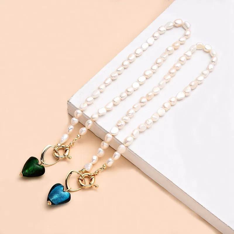 

Natural Freshwater Pearl Necklace For Women Vintage Glaze Ocean Heart Pendant Baroque Pearl Clavicle Chain Wedding Jewelry Gifts