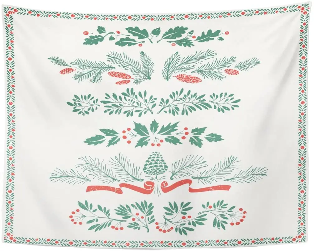 Tapestry Vintage Floral Christmas Dividers and Borders with Mistletoe Leaves Fir Branches Twigs Beautiful Tapestries Wall Hangin