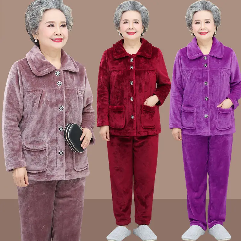 Elderly grandma pajamas flannel loose 2024 autumn winter warm long-sleeve trousers home service suit Solid casual two-piece suit