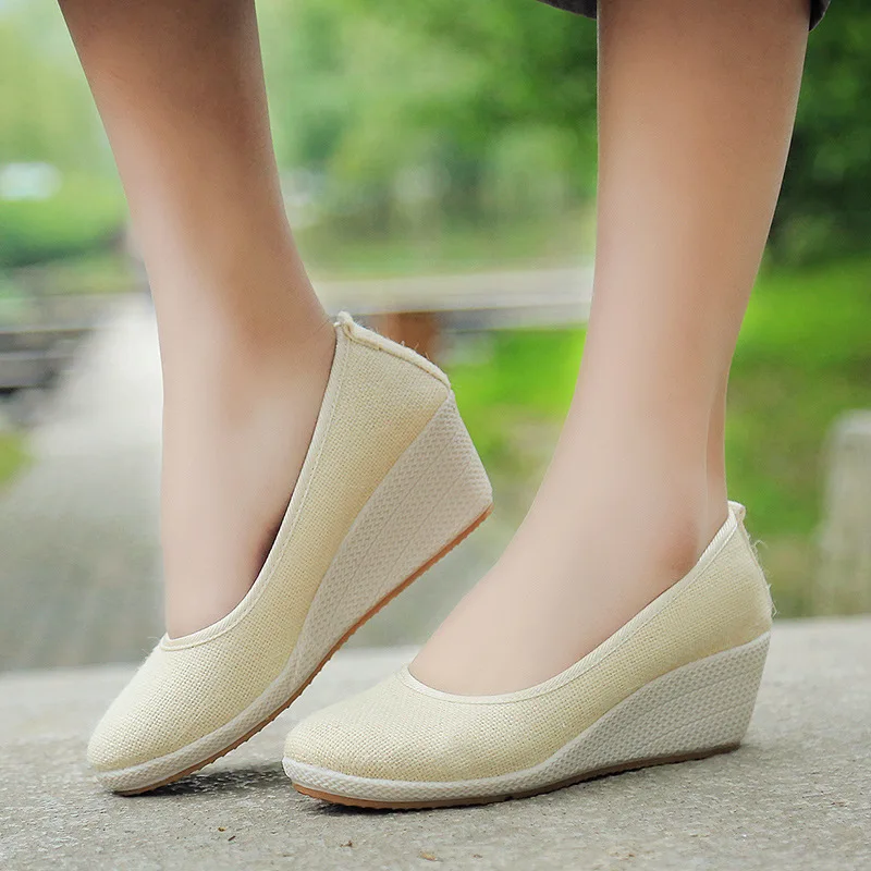 Veowalk Handmade Women Plain Linen Cotton Wedge Espadrilles Vintage Solid Color Ladies High Heel Slip on Platforms Pumps Shoes