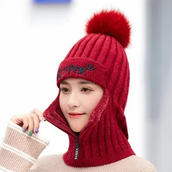 Bufanda de punto con cremallera para mujer, gorro de felpa con protección cálida para las orejas, Pompón, niña, padres e hijos, novedad de invierno, 2019