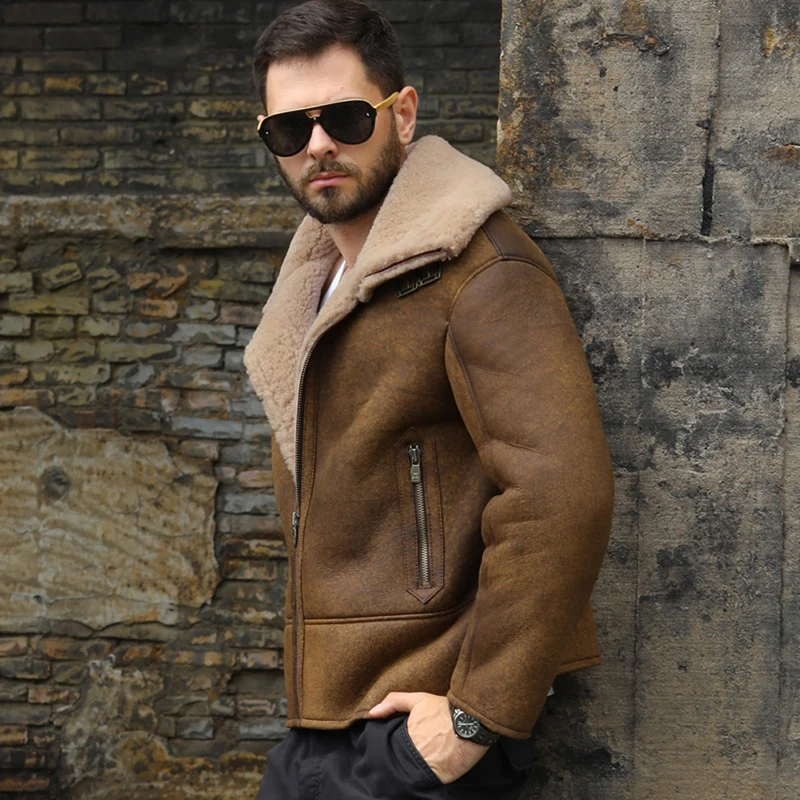 Denny&Dora New Mens B3 Shearling Jacket Short Motorcycle Jacket Mens Wool Coat Brown Leather Jacket Sheepskin Coat