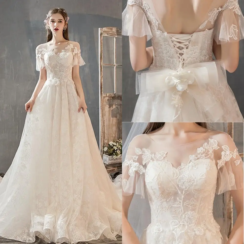 Vestido De novia elegante con cuello De ilusión, traje De boda con apliques De encaje, novedad, 2019