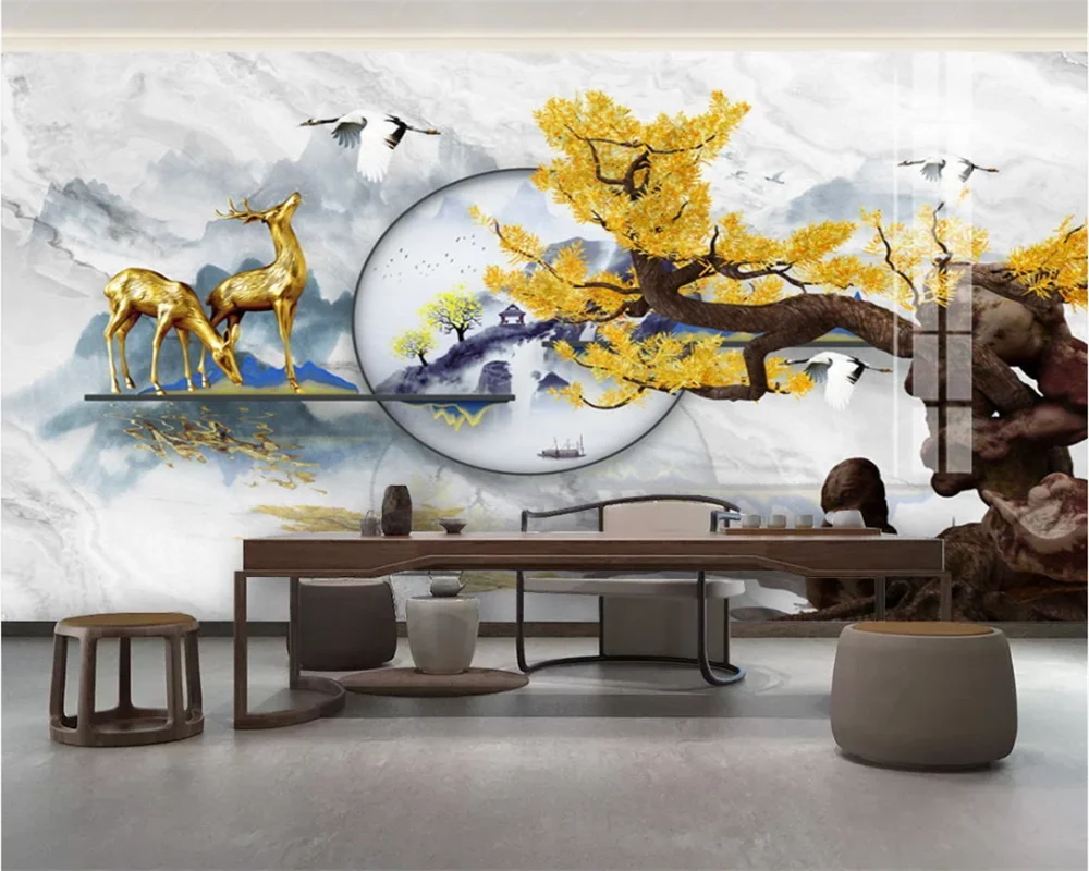 beibehang Custom modern new Chinese landscape pine tree artistic concept marble background papel de parede wallpaper