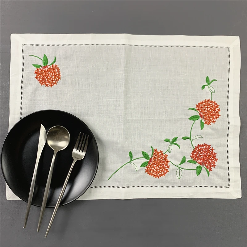 

Set of 12 Fashion Table Cloth White Hemstitched Linen Placemats with embroidered Floral for elegant lunch or dinner