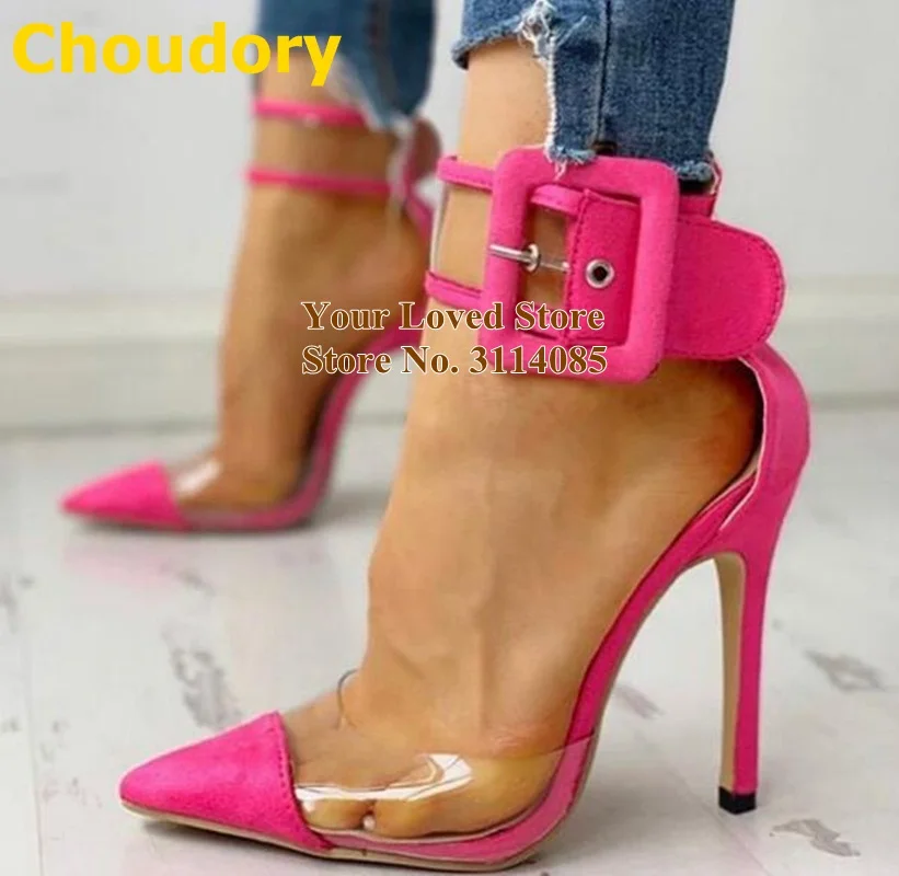 Choudory Pink Patchwork High Heels Transparent Clear PVC Dress Shoes Thin High Heel Square Buckle Embellished Wedding Pumps