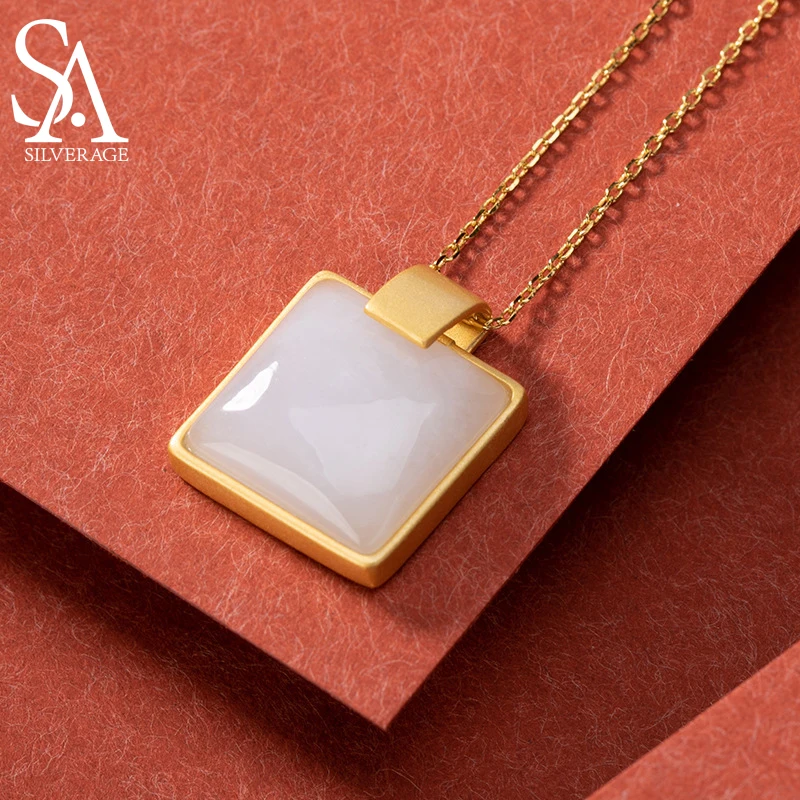 SA SILVERAGE Sapphire White Jade S925 Sterling Silver Inlaid with Ancient Craft Chain New Necklace Pendant Natural Hetian Jade