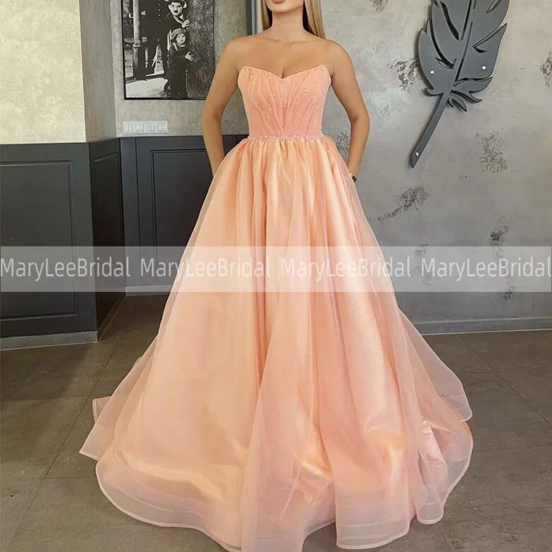 

Light Salmon Prom Dresses With Pearls Beading Strapless A-Line Pleat Organza Evening Gowns Plus Size robe de soirée de mariage