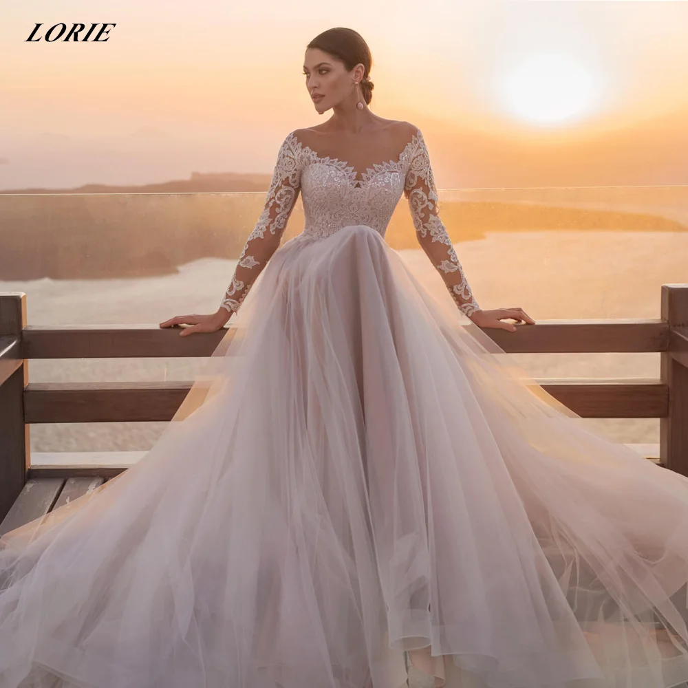 Lorie renda blush-toned vestido de casamento manga longa zíper voltar a linha vestido de noiva feminino tule boho princesa vestido de casamento personalizado