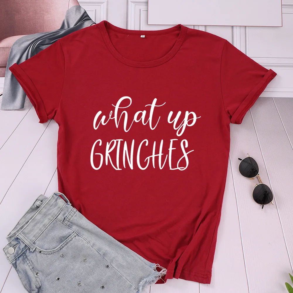 What Up Grinches Funny Graphic Black Christmas Top Tees Women Cotton O Neck Harajuku Shirt Fashion Short Sleeve Female Clothing