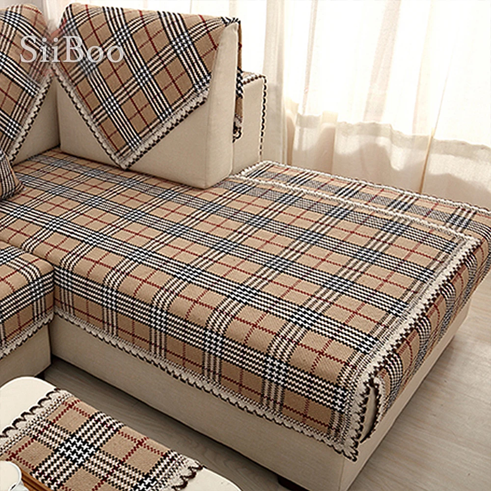 British brown plaid sofa cover cotton linen lace decor sectional slipcovers canape furniture covers fundas de sofa SP3618