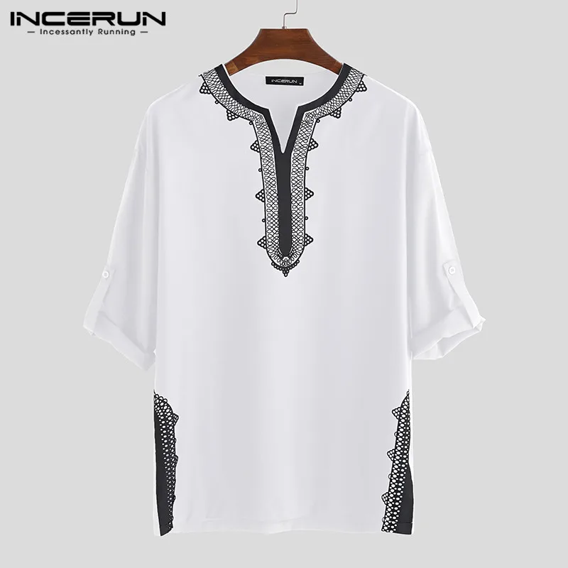 INCERUN Men Tops African Dashiki T Shirts Printed Long Sleeve V Neck Breathable Ethnic Style Casual T-shirts Camiseta Masculina