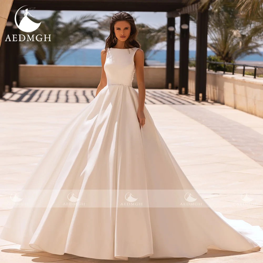 Aedmgh-Robe de mariée A-Line en satin avec dentelle perlée, robe de mariée princesse simple, col rond, 256, 2024