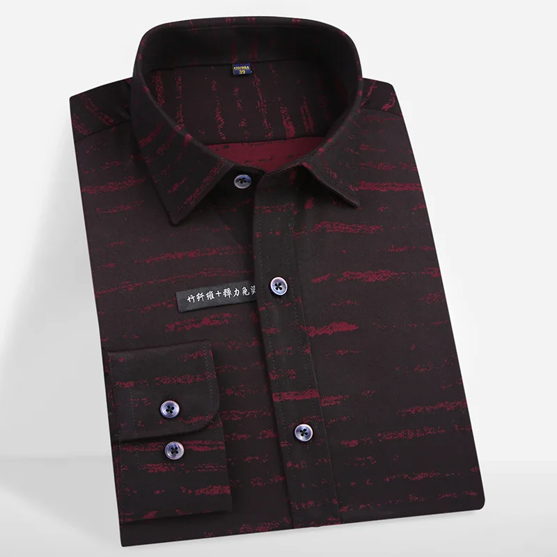 Camisa informal de fibra de bambú para hombre, camisa de manga larga con estampado de diseño único de alta calidad, cómoda, sin hierro, para uso Social, nueva