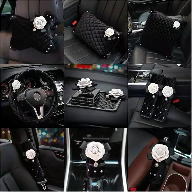 White Camellia Plush Materila Car Lumbar Pillow Neckpillow Sunvisor tissue box steering wheel cover car interior accessories set