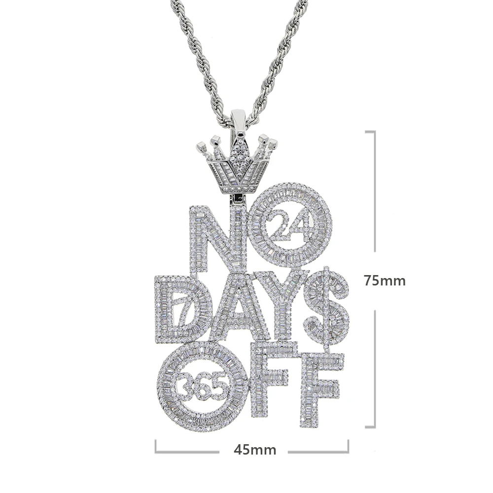 Iced Out Bling CZ Letters Pendant Necklace NO DAYS OFF Paved Cubic Zircon Rope Chain Men's Necklace Fashion Hip Hop Jewelry Gift