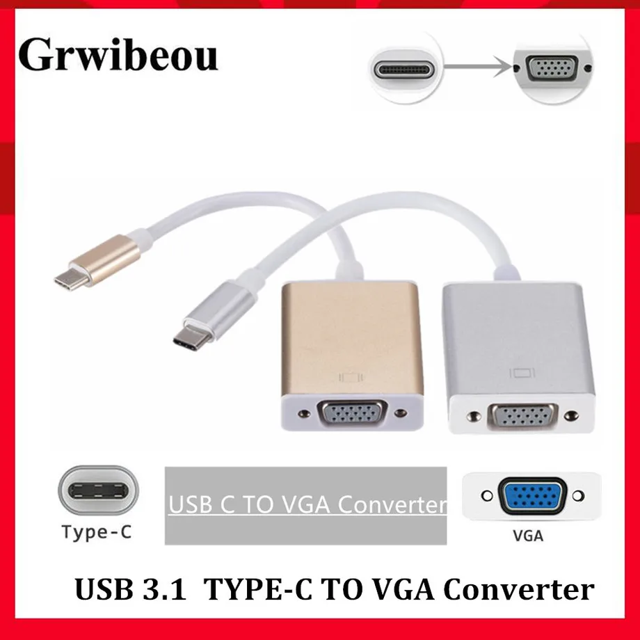 Grwibeou tipo c para vga fêmea cabo adaptador usb 3.1 para vga adaptador para nova superfície macbook pro vendas quentes usb c para vga conversor